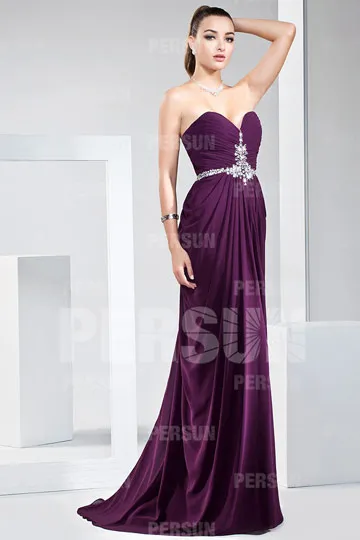 Robe de gala élégante violette bustier cœur avec bijoux sur ceinture et poitrine - Robedesoireelongue.fr