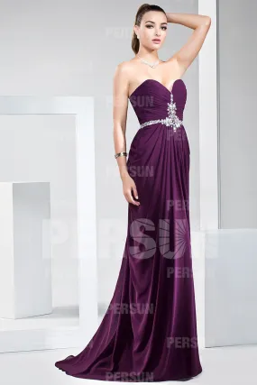 Robe de gala élégante violette bustier cœur avec bijoux sur ceinture et poitrine - Robedesoireelongue.fr