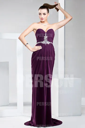 Robe de gala élégante violette bustier cœur avec bijoux sur ceinture et poitrine - Robedesoireelongue.fr