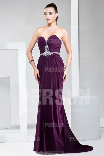 Robe de gala élégante violette bustier cœur avec bijoux sur ceinture et poitrine - Robedesoireelongue.fr