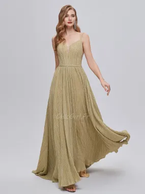 Robe De Soirée Fluide Longue Decolletée Plissée Dorée Fine Bretelle