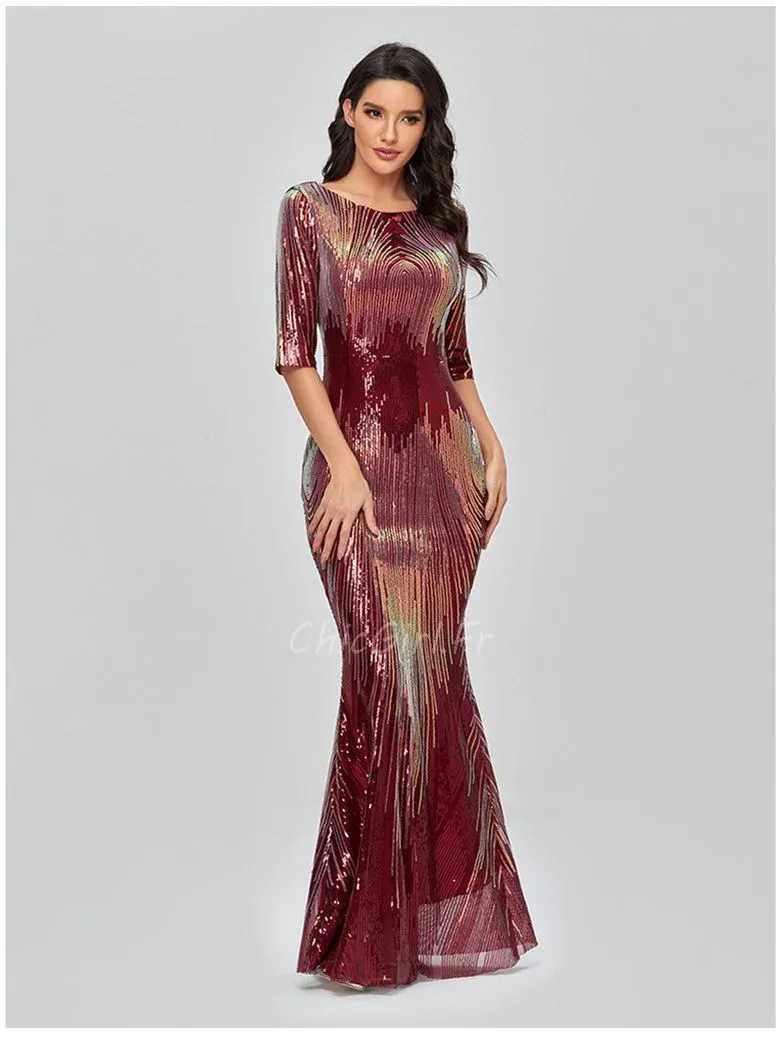 Robe De Soirée Sirène Bordeaux Pailletée Demi Manche Robe Invitée Mariage