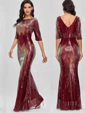 Robe De Soirée Sirène Bordeaux Pailletée Demi Manche Robe Invitée Mariage