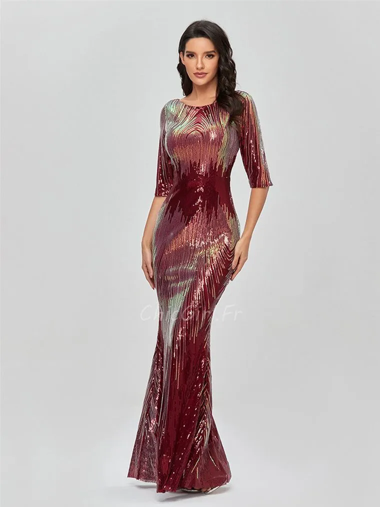 Robe De Soirée Sirène Bordeaux Pailletée Demi Manche Robe Invitée Mariage