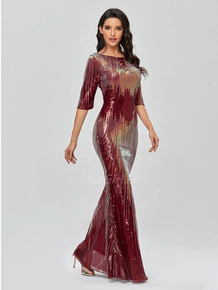 Robe De Soirée Sirène Bordeaux Pailletée Demi Manche Robe Invitée Mariage