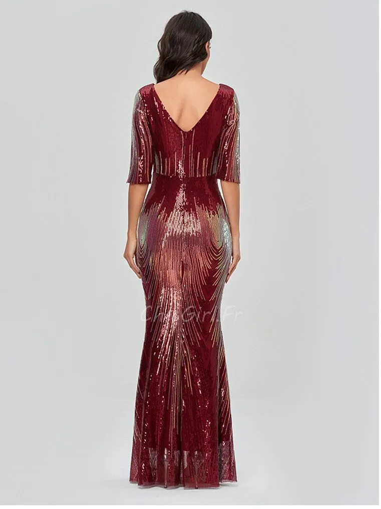 Robe De Soirée Sirène Bordeaux Pailletée Demi Manche Robe Invitée Mariage