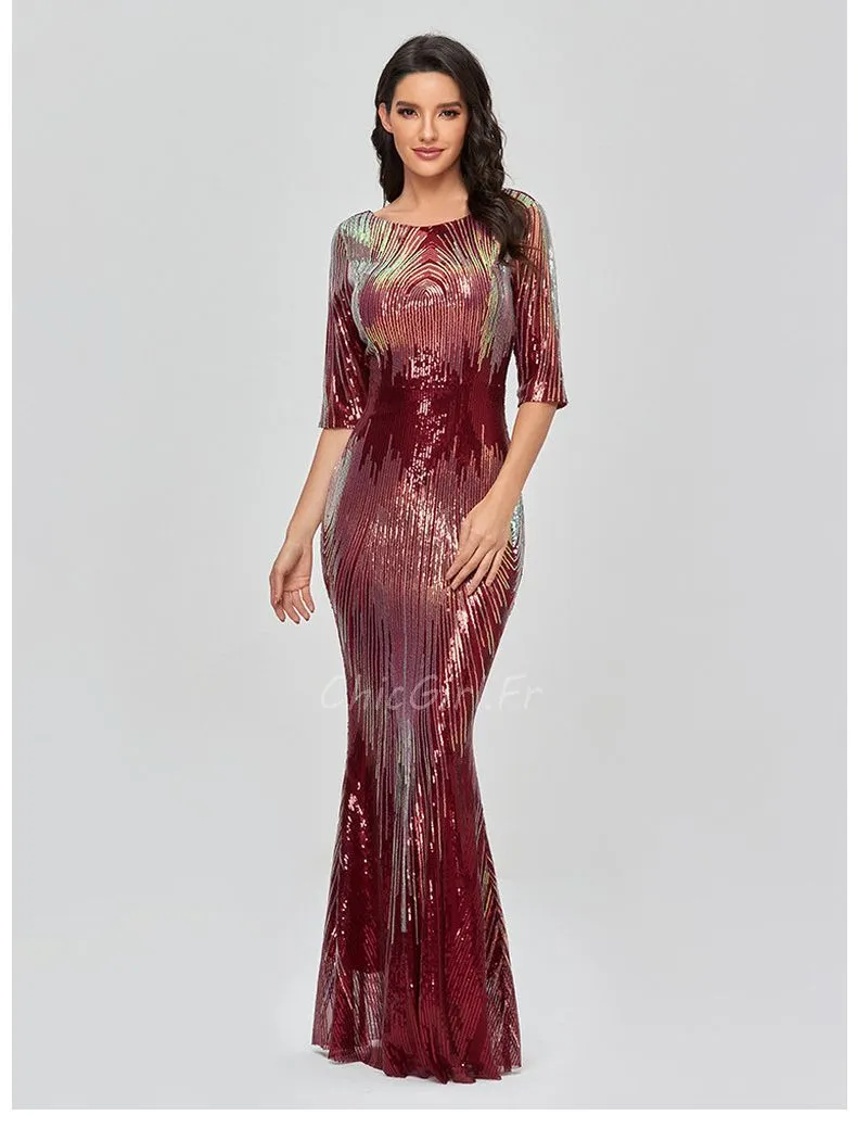 Robe De Soirée Sirène Bordeaux Pailletée Demi Manche Robe Invitée Mariage