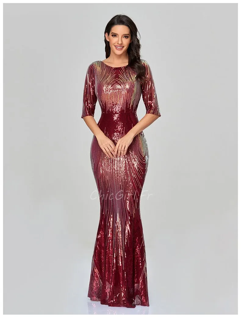 Robe De Soirée Sirène Bordeaux Pailletée Demi Manche Robe Invitée Mariage