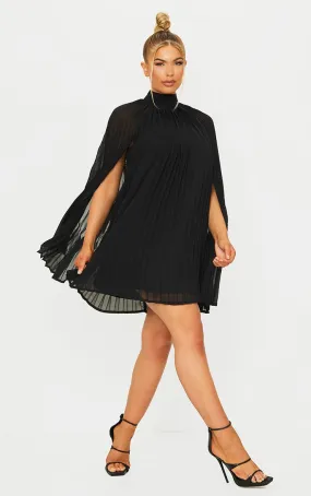 Robe droite style cape plissée noire à col haut