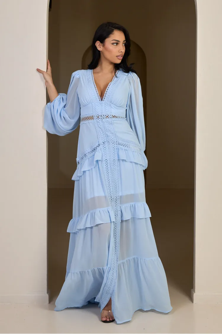 Robe longue bleue à empiècement crochet