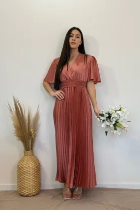 Robe longue plissée satinée rose