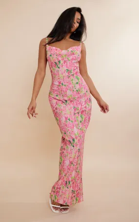 Robe longue plissée à imprimé abstrait fleuri rose et bretelles