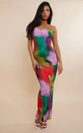 Robe longue plissée à imprimé abstrait multicolore et bretelles