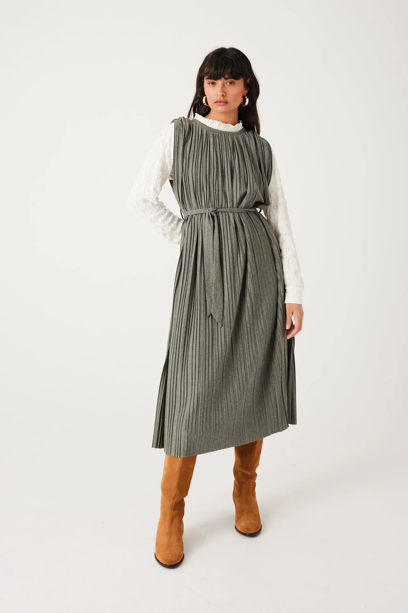 Robe mi-longue plissée Femme - Kaki