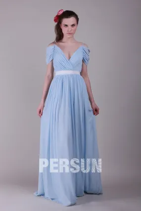 Robe simple bleu plissée & ceinturée longue à manche courte - Robedesoireelongue.fr