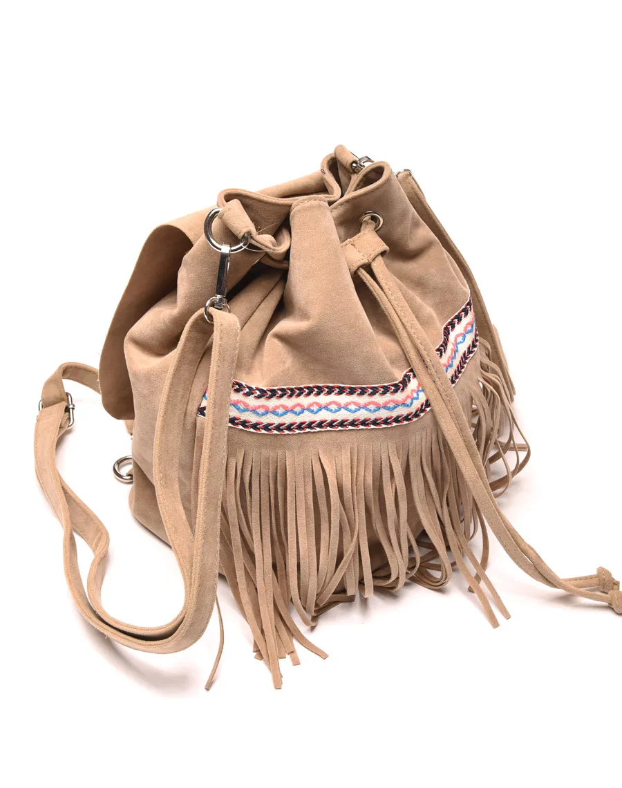 Sac à dos taupe effet suédine avec liserais et franges