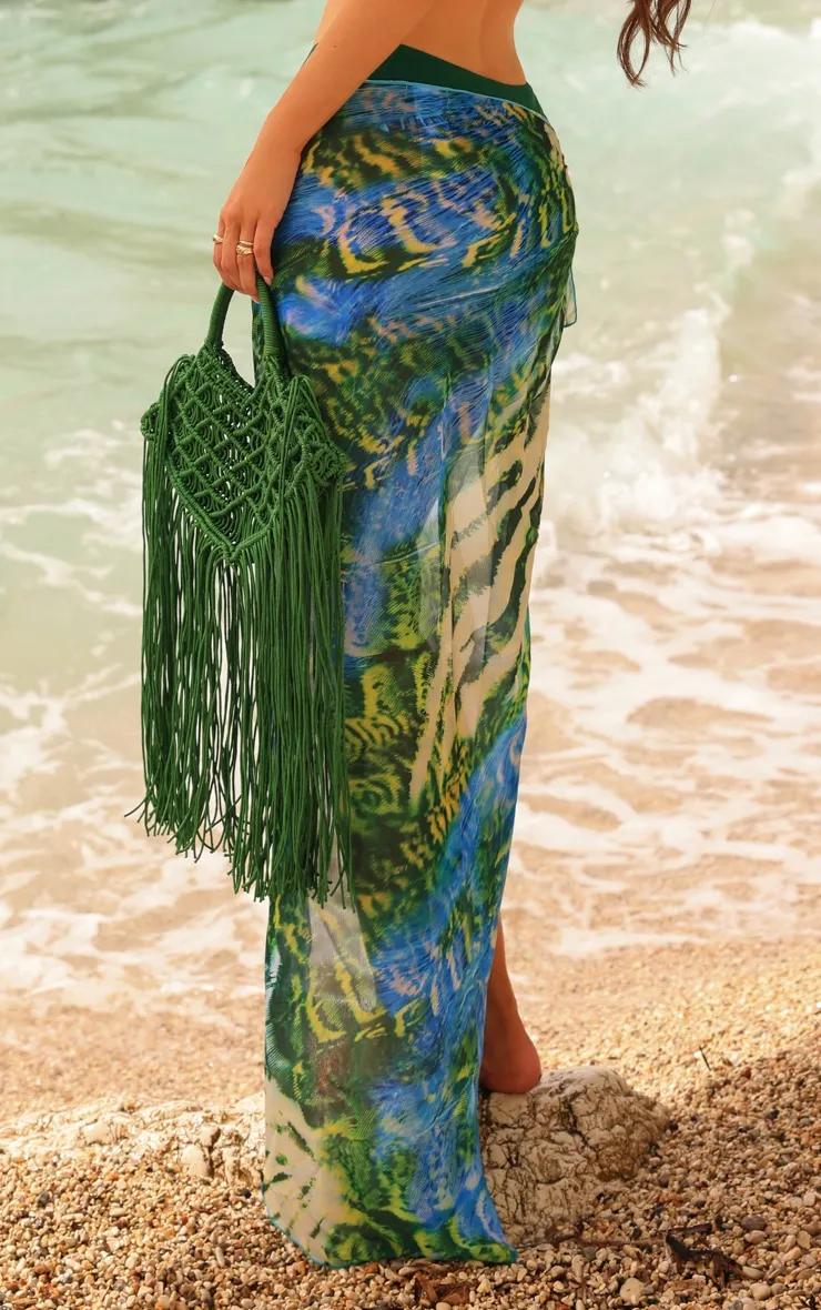 Sarong de plage mi-long vert imprimé tigre