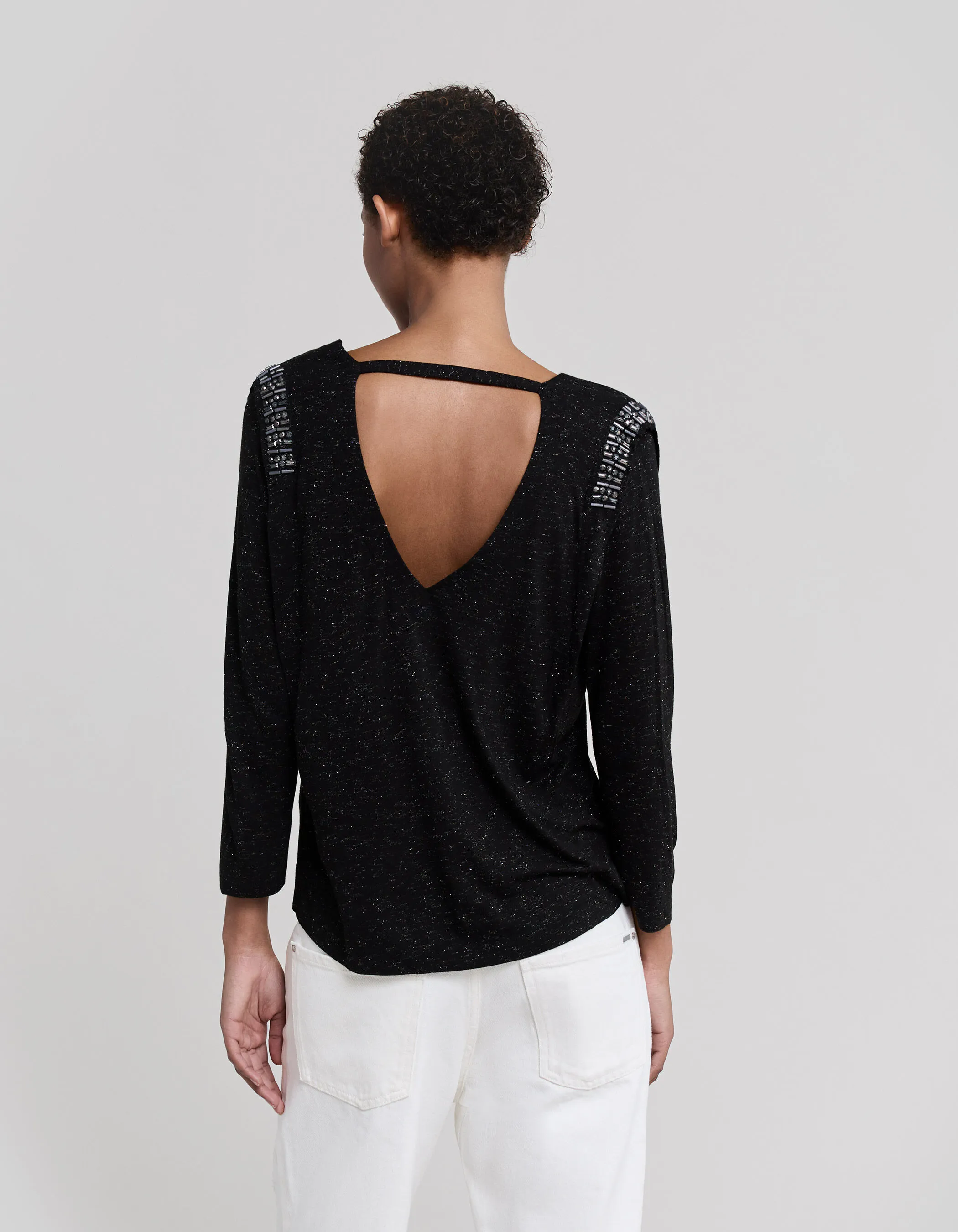 T-shirt noir en viscose col V à strass pour femme