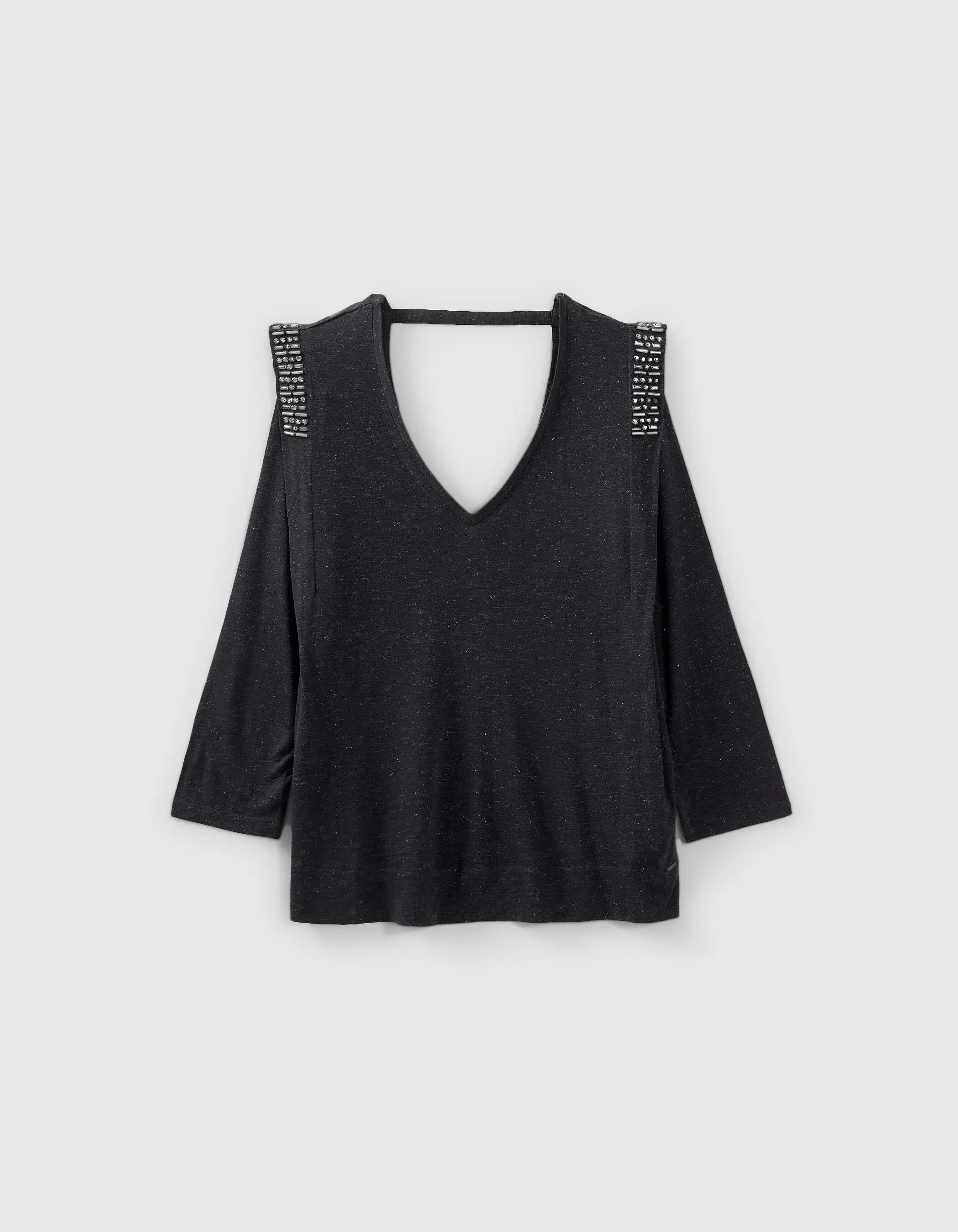 T-shirt noir en viscose col V à strass pour femme