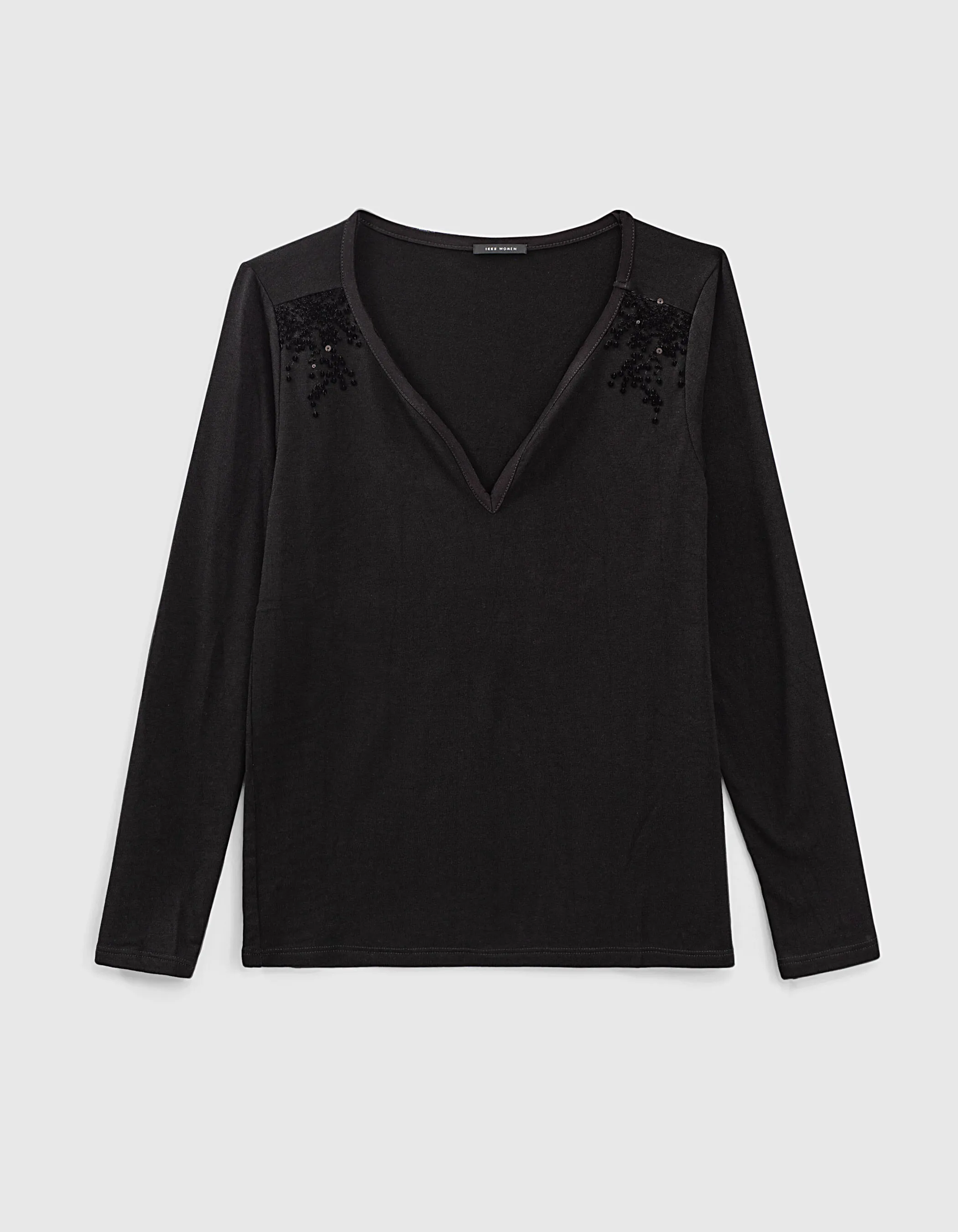 T-shirt noir en viscose détails broderie sequins épaules femme