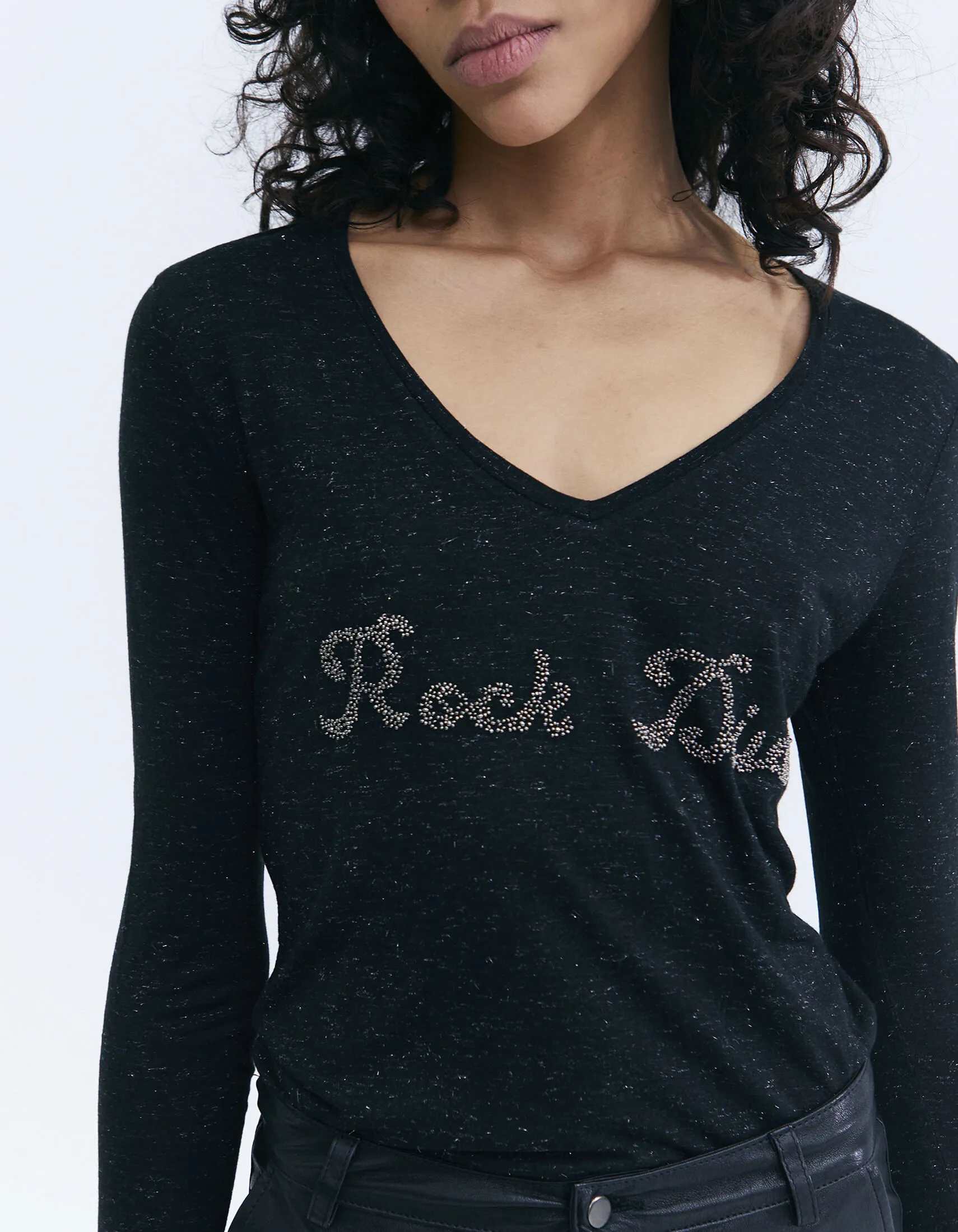 Tee-shirt noir visuel message brodé en perles en Viscose Ecovero® femme