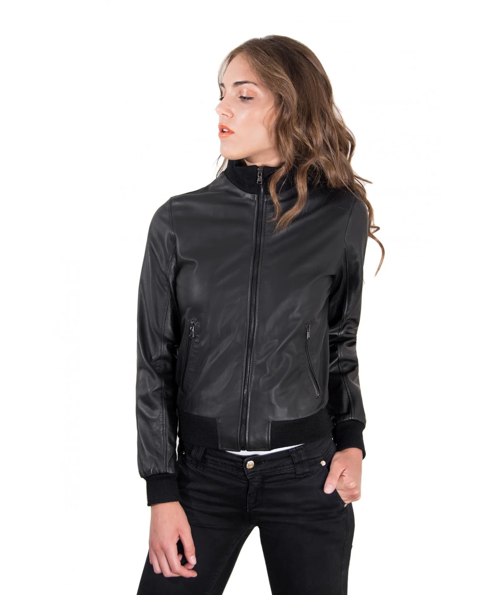 Veste bomber en cuir femme couleur noir cuir plongé aspect lisse G155