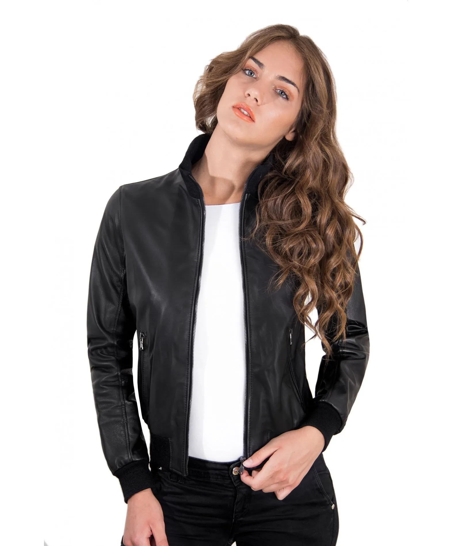 Veste bomber en cuir femme couleur noir cuir plongé aspect lisse G155