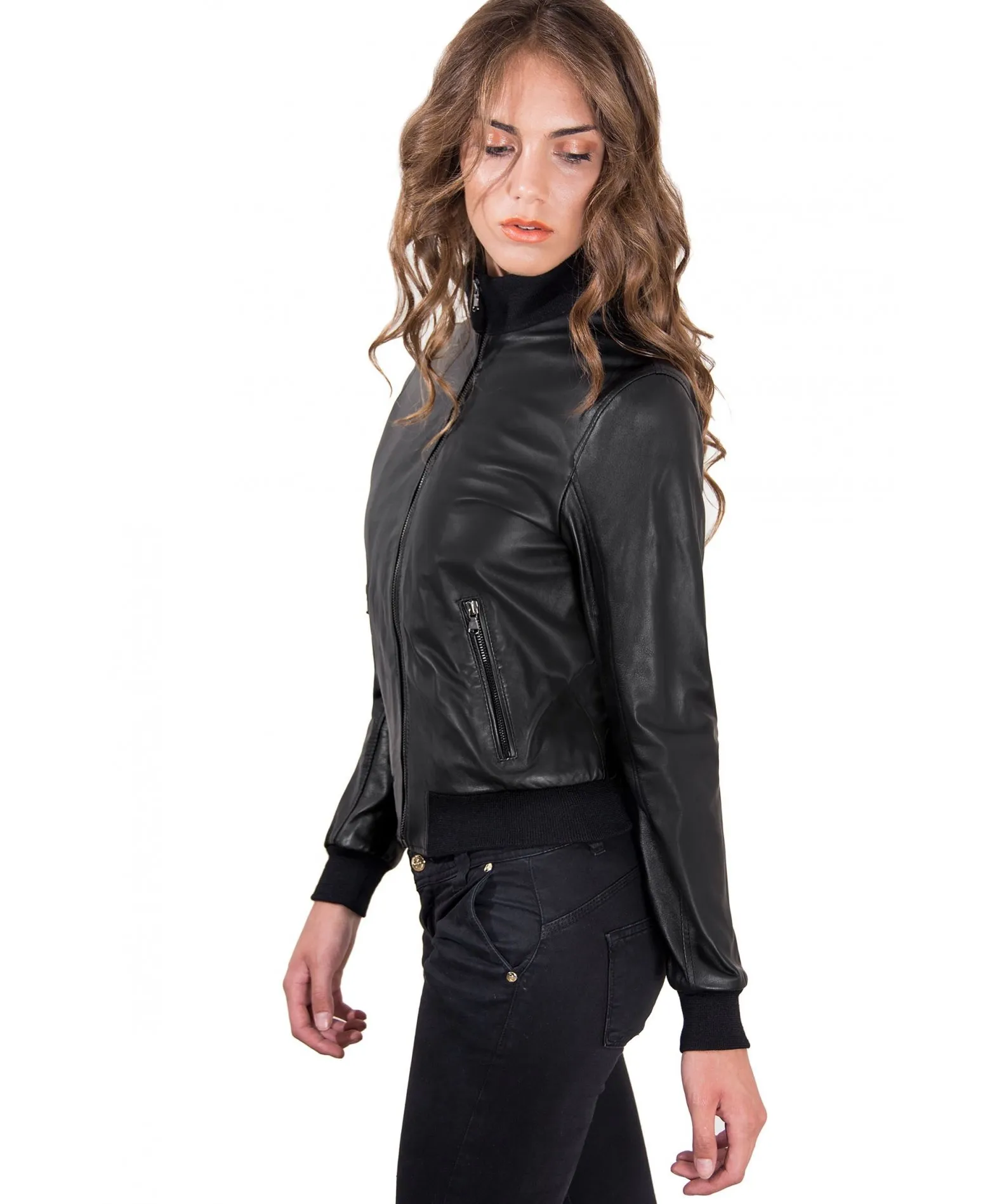 Veste bomber en cuir femme couleur noir cuir plongé aspect lisse G155