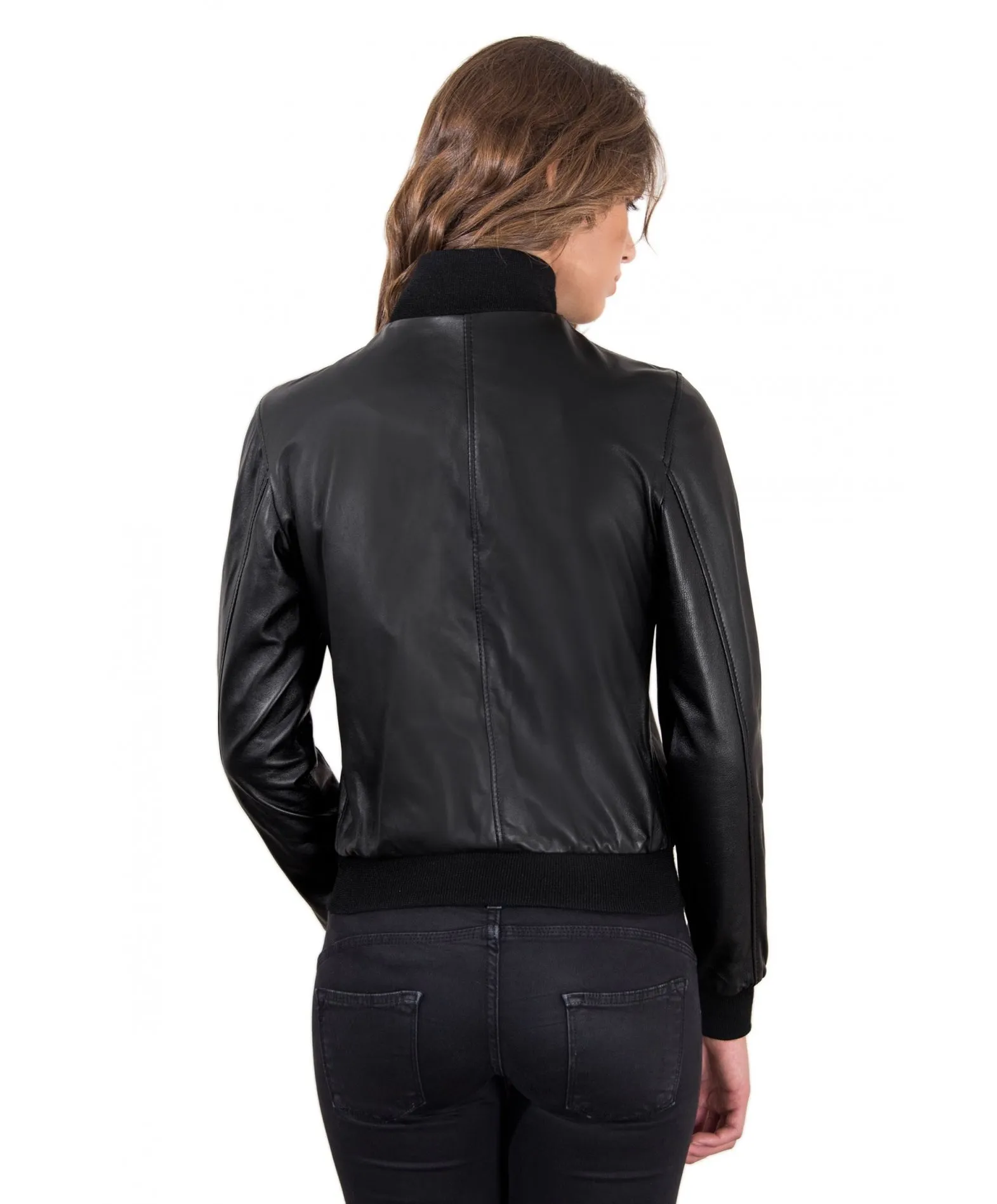 Veste bomber en cuir femme couleur noir cuir plongé aspect lisse G155