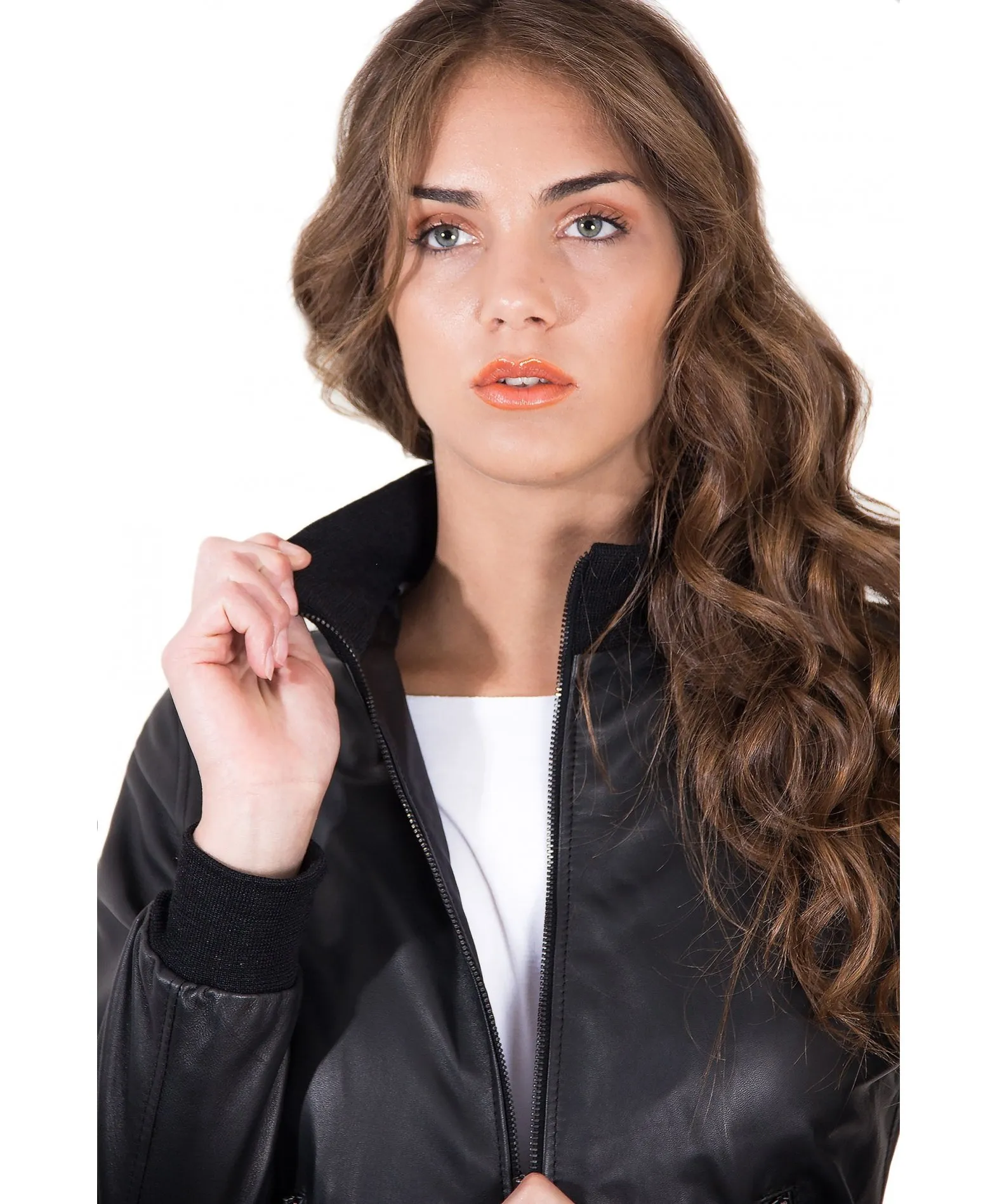 Veste bomber en cuir femme couleur noir cuir plongé aspect lisse G155